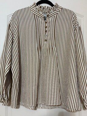 Fall Striped Ruffle Neck Top